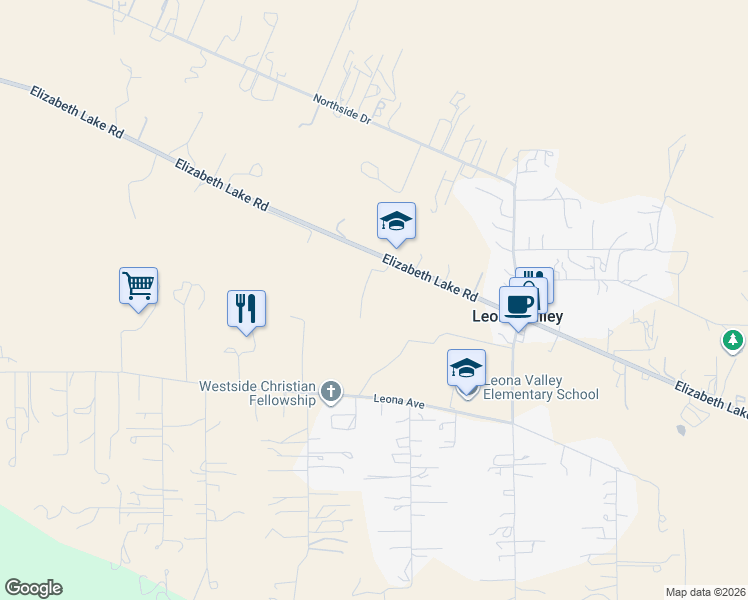 map of restaurants, bars, coffee shops, grocery stores, and more near 9250 Elizabeth Lake Road in Leona Valley