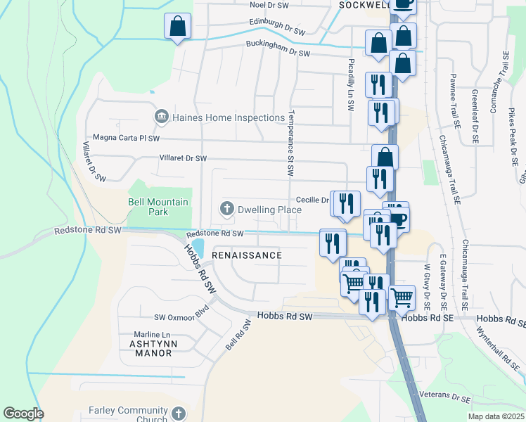 map of restaurants, bars, coffee shops, grocery stores, and more near 2500 Redstone Road Southwest in Huntsville
