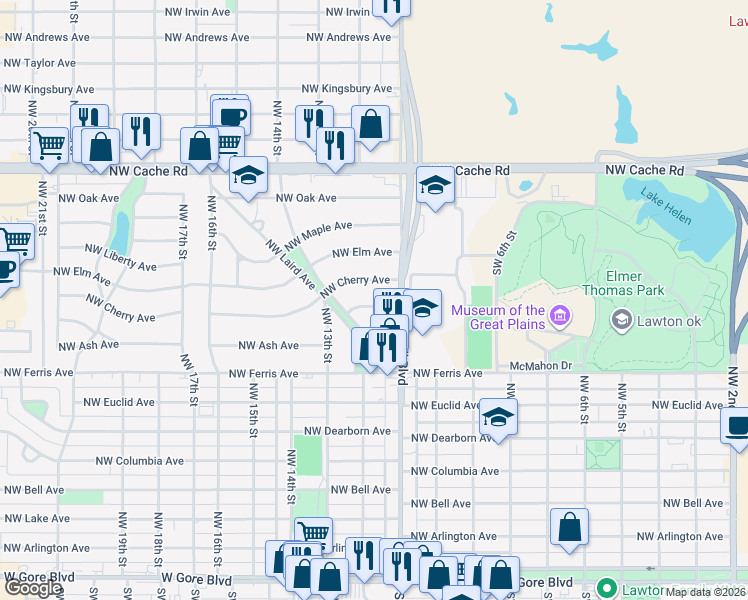 map of restaurants, bars, coffee shops, grocery stores, and more near 1109 Northwest Birch Avenue in Lawton