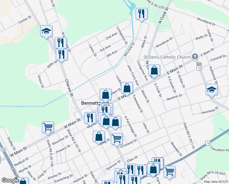 map of restaurants, bars, coffee shops, grocery stores, and more near East Market Street in Bennettsville