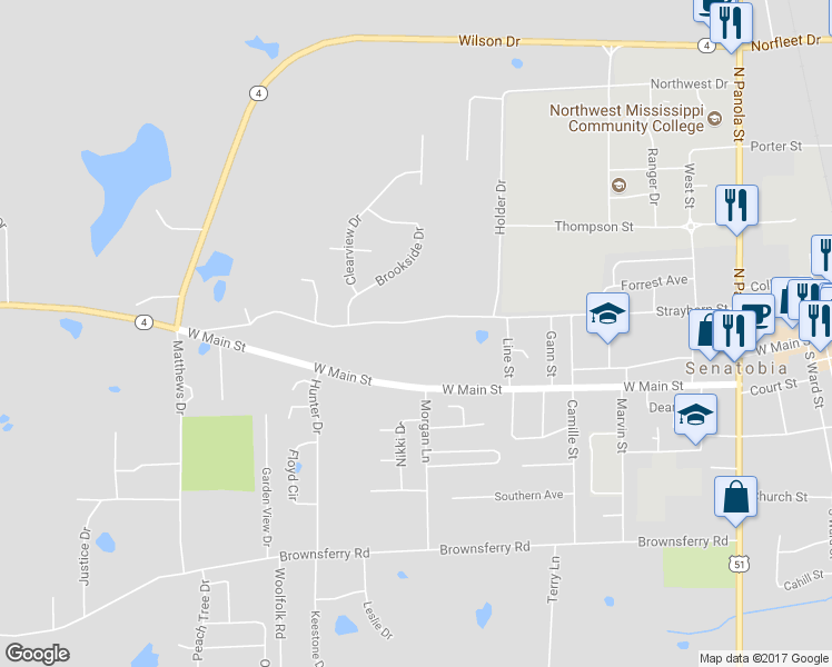 map of restaurants, bars, coffee shops, grocery stores, and more near 816 Strayhorn Street in Senatobia