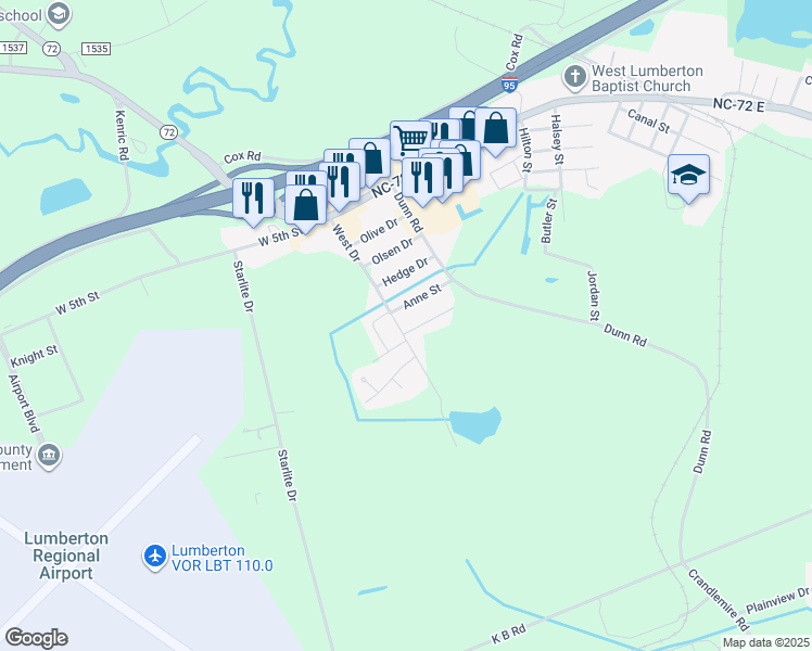 map of restaurants, bars, coffee shops, grocery stores, and more near 2980 Bragg Street in Lumberton