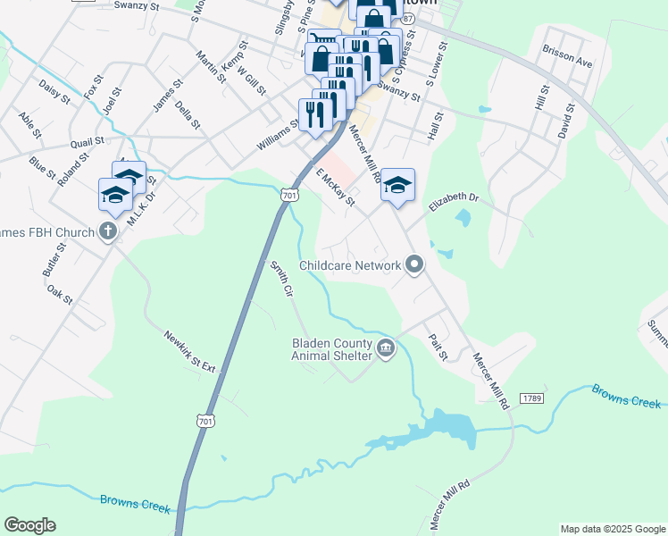 map of restaurants, bars, coffee shops, grocery stores, and more near 615 McLeod Street in Elizabethtown