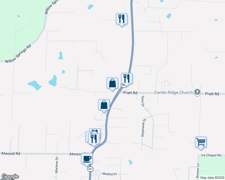 map of restaurants, bars, coffee shops, grocery stores, and more near 3010 West Pratt Road in Little Rock
