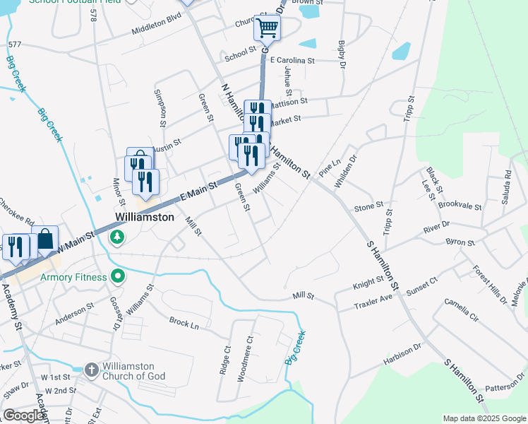 map of restaurants, bars, coffee shops, grocery stores, and more near 16 Poinsett Street in Williamston