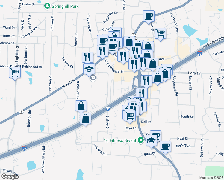 map of restaurants, bars, coffee shops, grocery stores, and more near 22660 Interstate 30 in Bryant