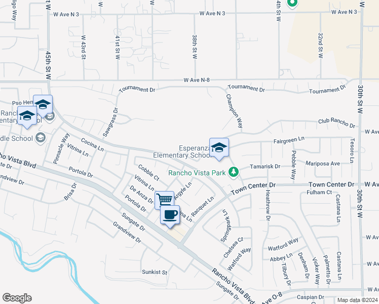 map of restaurants, bars, coffee shops, grocery stores, and more near 3820 Club Rancho Drive in Palmdale