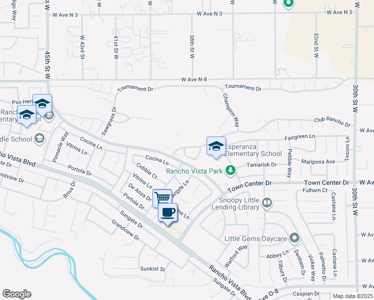 map of restaurants, bars, coffee shops, grocery stores, and more near 3820 Club Rancho Drive in Palmdale