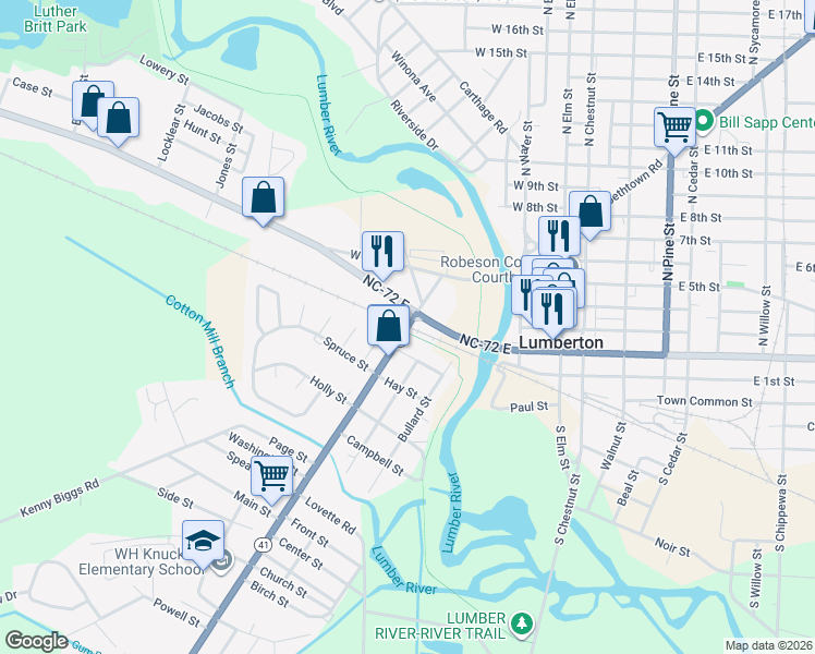 map of restaurants, bars, coffee shops, grocery stores, and more near in Lumberton