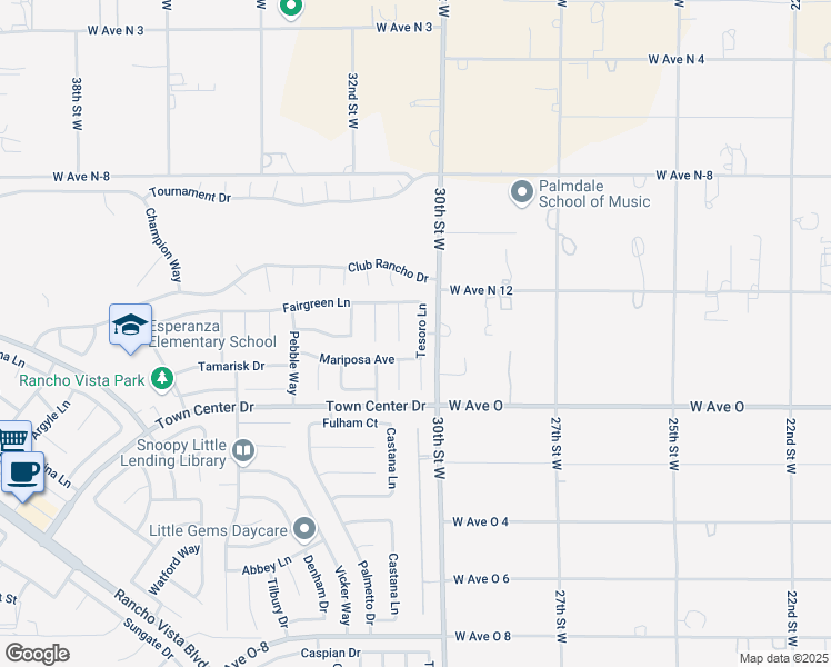 map of restaurants, bars, coffee shops, grocery stores, and more near 40508 Milan Drive in Palmdale