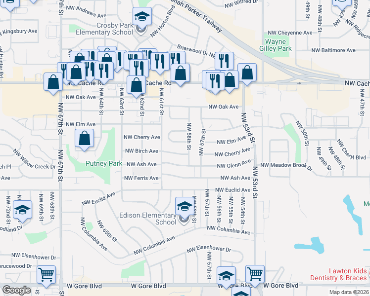 map of restaurants, bars, coffee shops, grocery stores, and more near 5807 Northwest Cherry Avenue in Lawton