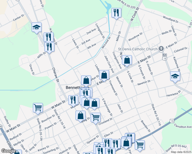 map of restaurants, bars, coffee shops, grocery stores, and more near East Market Street in Bennettsville