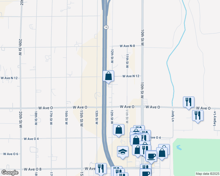 map of restaurants, bars, coffee shops, grocery stores, and more near 40529 12th Street West in Palmdale