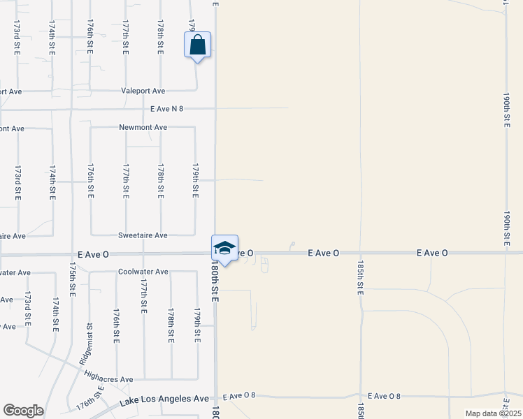 map of restaurants, bars, coffee shops, grocery stores, and more near 181st Street East in Los Angeles County