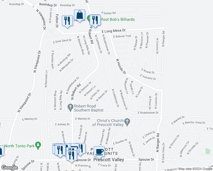 map of restaurants, bars, coffee shops, grocery stores, and more near 5283 North Pinto Drive in Prescott Valley