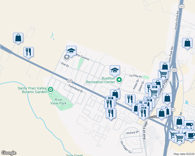 map of restaurants, bars, coffee shops, grocery stores, and more near 595 2nd Street in Buellton