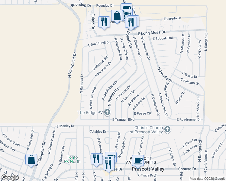 map of restaurants, bars, coffee shops, grocery stores, and more near 5229 North Robert Road in Prescott Valley