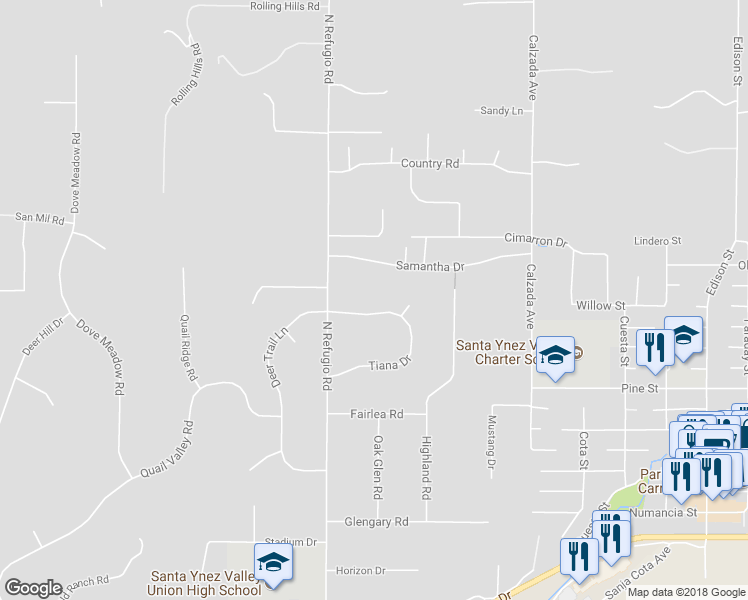 map of restaurants, bars, coffee shops, grocery stores, and more near 1375 Deer Trail Lane in Santa Ynez