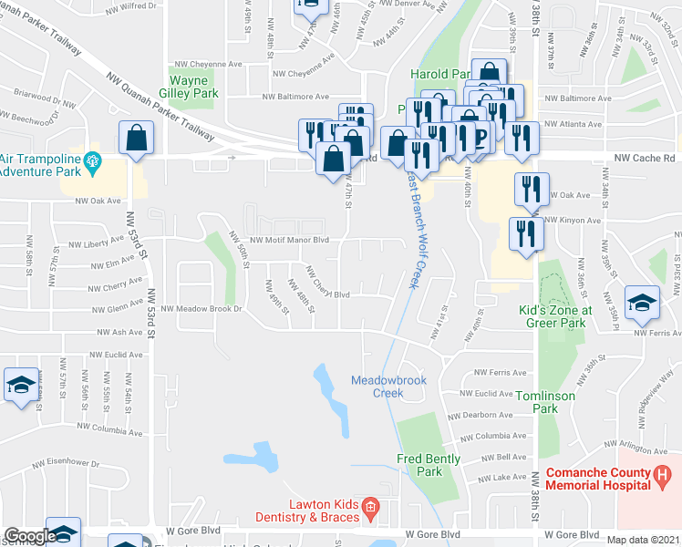 map of restaurants, bars, coffee shops, grocery stores, and more near 907 Northwest 47th Street in Lawton