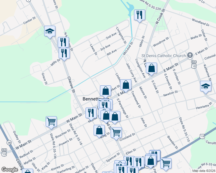map of restaurants, bars, coffee shops, grocery stores, and more near 303 East Market Street in Bennettsville