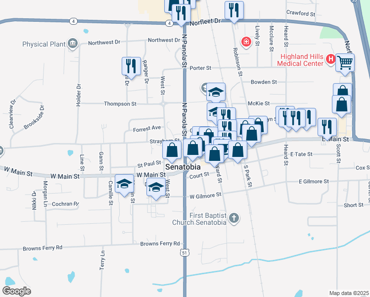 map of restaurants, bars, coffee shops, grocery stores, and more near 200 North Panola Street in Senatobia