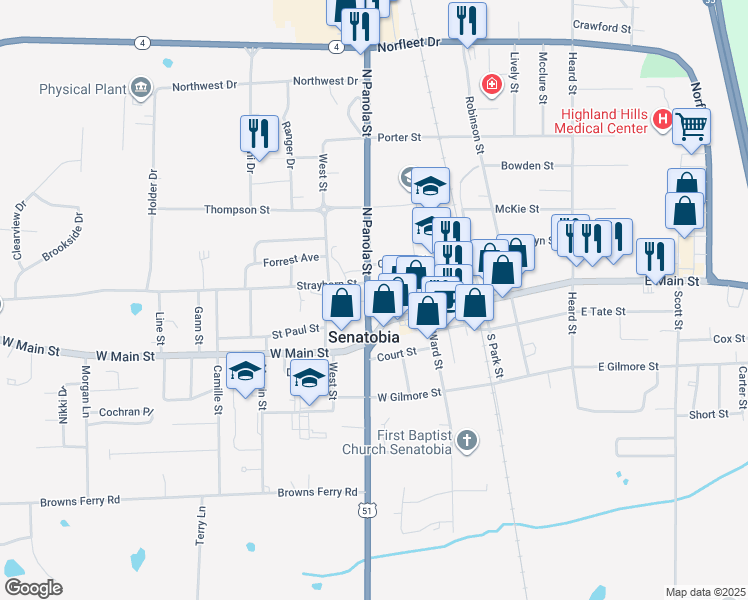 map of restaurants, bars, coffee shops, grocery stores, and more near 200 North Panola Street in Senatobia