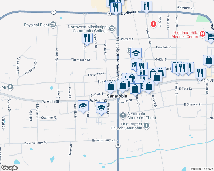 map of restaurants, bars, coffee shops, grocery stores, and more near 214 West Street in Senatobia
