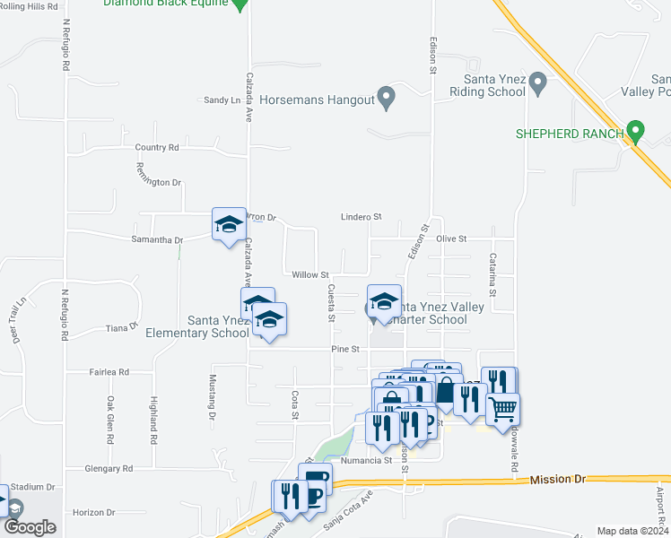 map of restaurants, bars, coffee shops, grocery stores, and more near 1309 Cheyenne Lane in Santa Ynez
