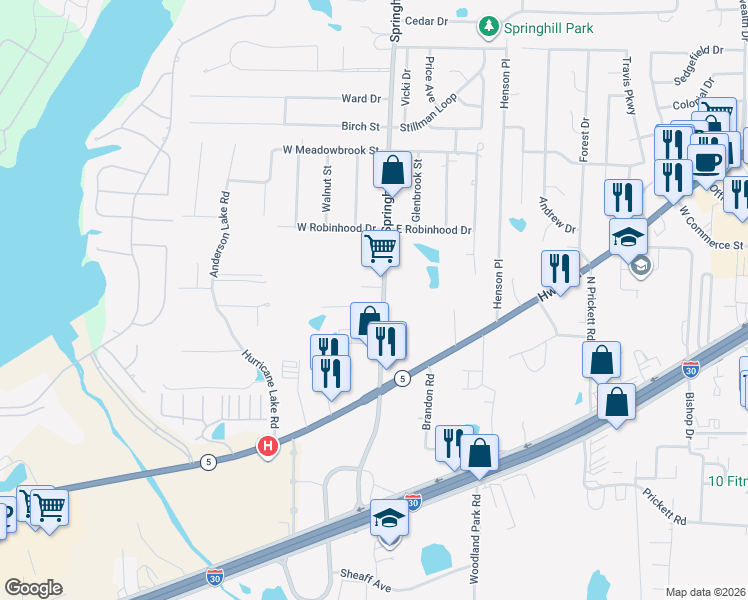 map of restaurants, bars, coffee shops, grocery stores, and more near 2601 Arey Drive in Bryant