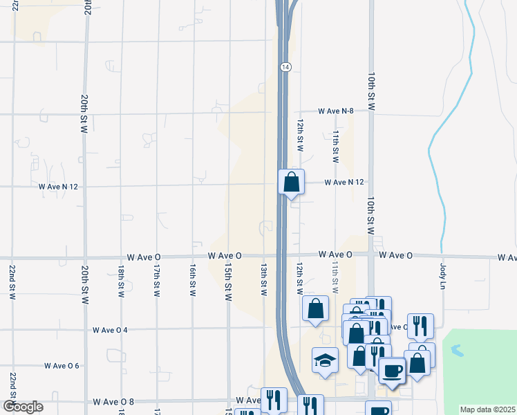 map of restaurants, bars, coffee shops, grocery stores, and more near 40523 13th Street West in Palmdale