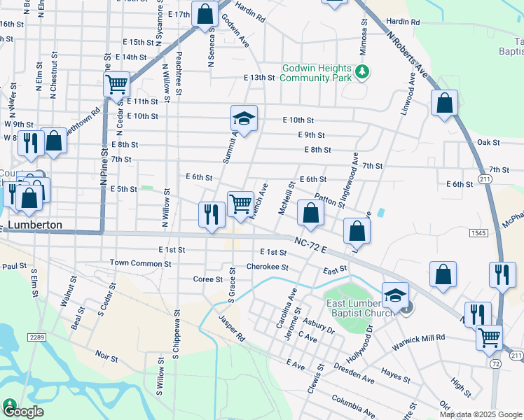 map of restaurants, bars, coffee shops, grocery stores, and more near 512 French Avenue in Lumberton