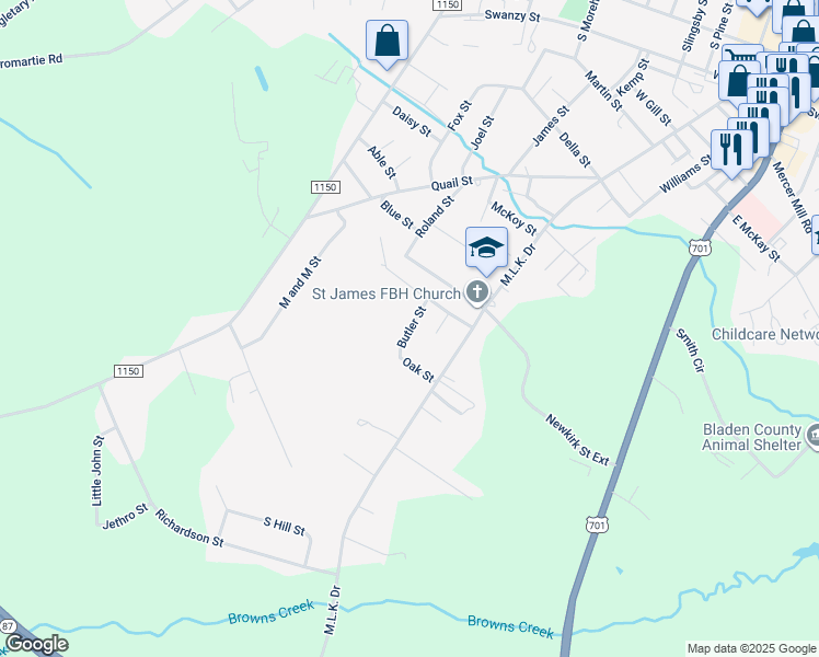map of restaurants, bars, coffee shops, grocery stores, and more near Butler Street in Elizabethtown
