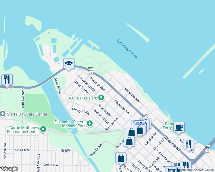 map of restaurants, bars, coffee shops, grocery stores, and more near 609 Wilson Street Northwest in Decatur