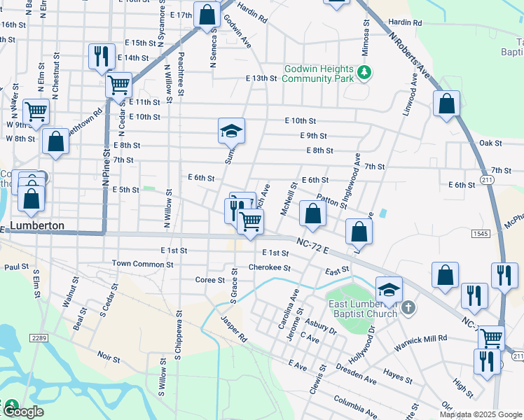 map of restaurants, bars, coffee shops, grocery stores, and more near 512 French Avenue in Lumberton
