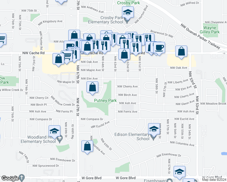 map of restaurants, bars, coffee shops, grocery stores, and more near 638 Northwest 63rd Street in Lawton