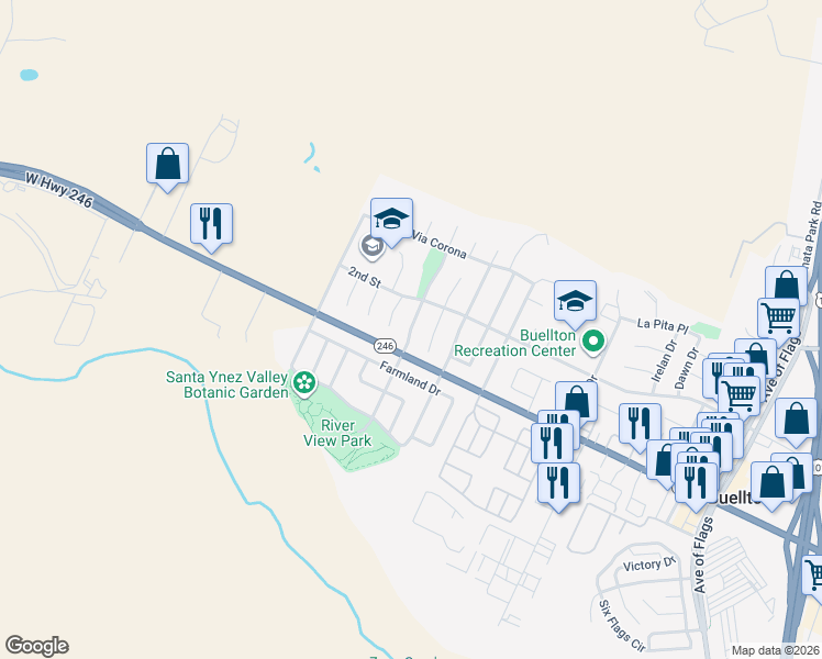 map of restaurants, bars, coffee shops, grocery stores, and more near 341 Sycamore Drive in Buellton
