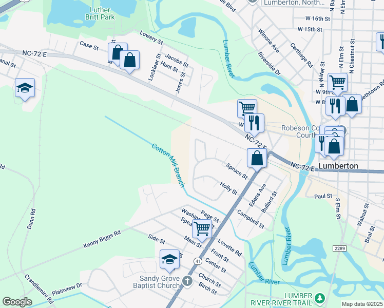 map of restaurants, bars, coffee shops, grocery stores, and more near 532 Swann Drive in Lumberton