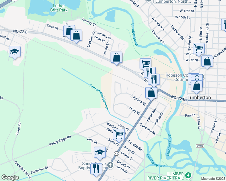 map of restaurants, bars, coffee shops, grocery stores, and more near 532 Swann Drive in Lumberton