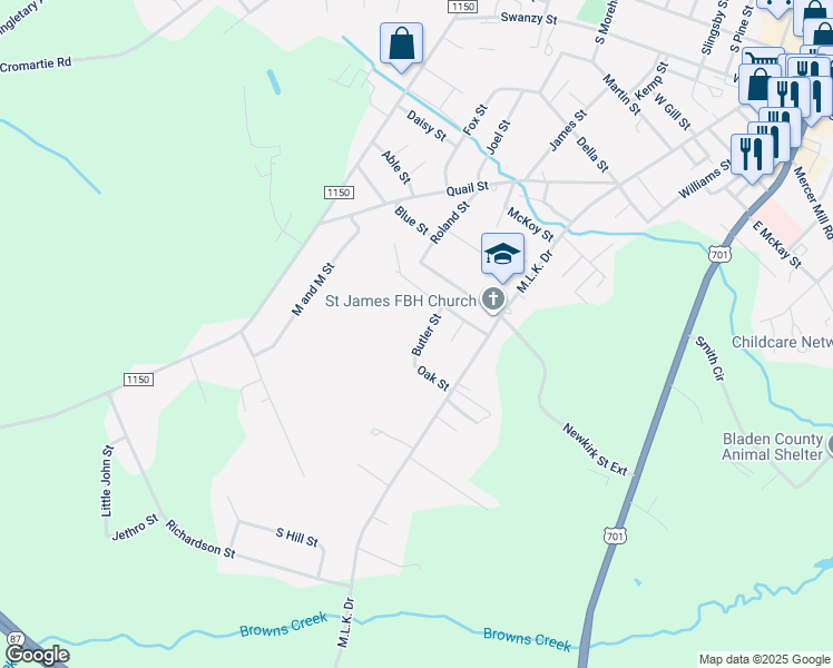 map of restaurants, bars, coffee shops, grocery stores, and more near Butler Street in Elizabethtown