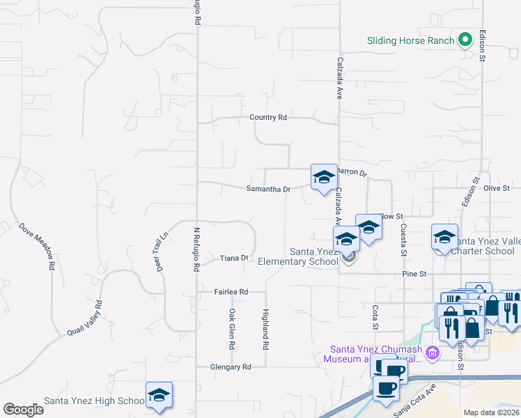 map of restaurants, bars, coffee shops, grocery stores, and more near 3144 Tiana Drive in Santa Ynez
