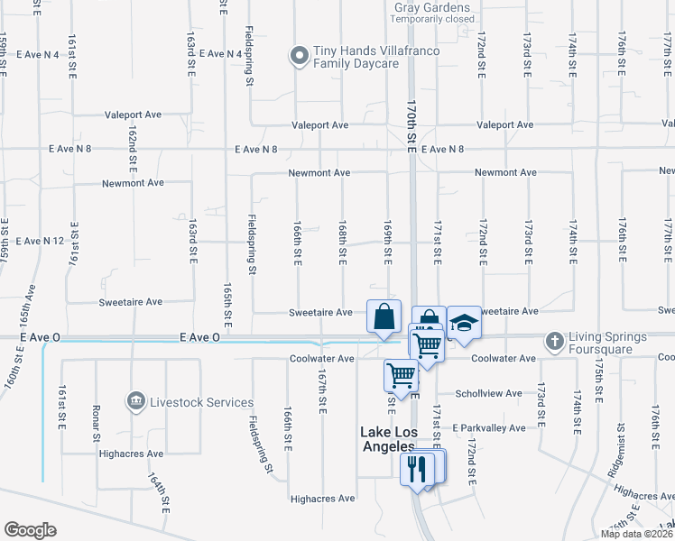 map of restaurants, bars, coffee shops, grocery stores, and more near 40557 168th Street East in Lake Los Angeles