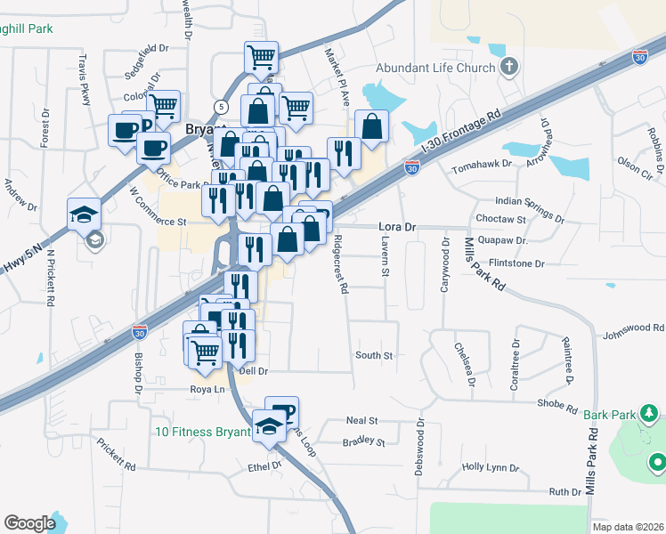 map of restaurants, bars, coffee shops, grocery stores, and more near 2509 Ridgecrest Road in Bryant