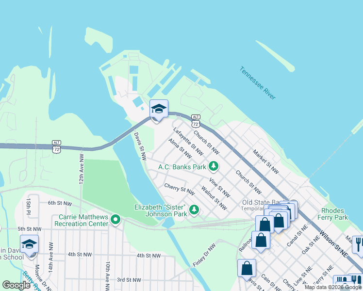 map of restaurants, bars, coffee shops, grocery stores, and more near 705 Geddis Street Northwest in Decatur