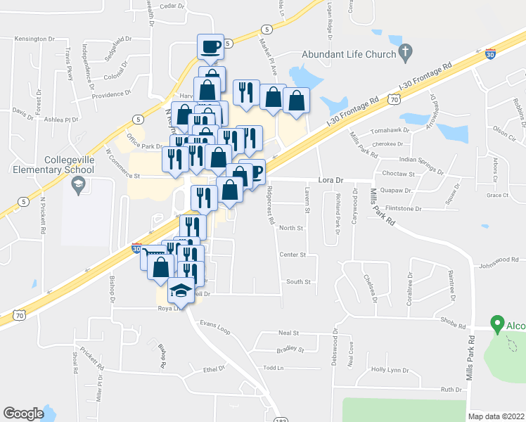 map of restaurants, bars, coffee shops, grocery stores, and more near 505 North Street in Bryant