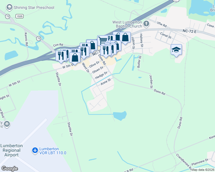 map of restaurants, bars, coffee shops, grocery stores, and more near 2971 Bragg Street in Lumberton
