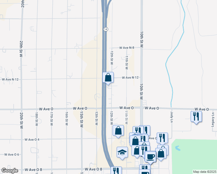 map of restaurants, bars, coffee shops, grocery stores, and more near 40529 12th Street West in Palmdale