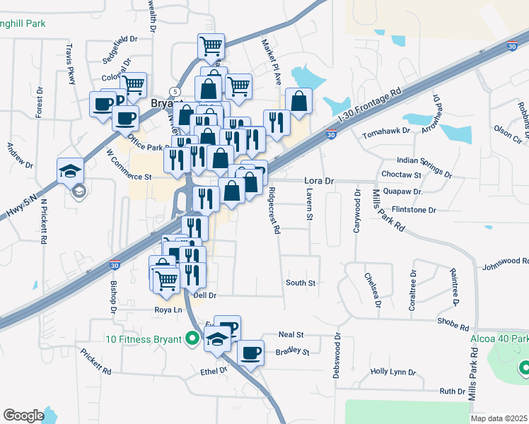 map of restaurants, bars, coffee shops, grocery stores, and more near 2711 Ridgecrest Drive in Bryant