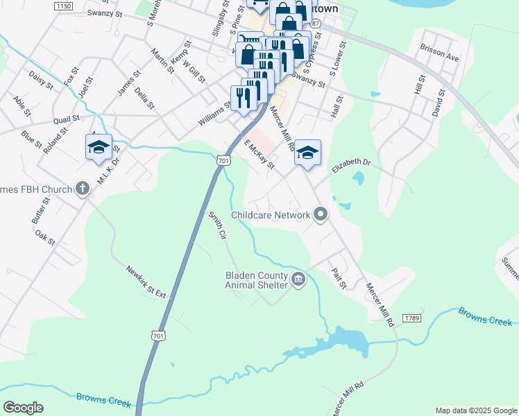 map of restaurants, bars, coffee shops, grocery stores, and more near 620 McLeod Street in Elizabethtown