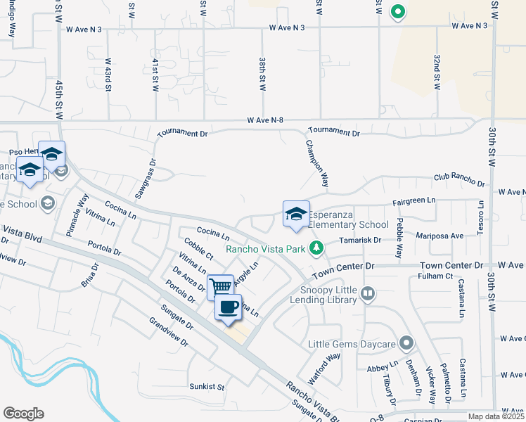 map of restaurants, bars, coffee shops, grocery stores, and more near 3801 Club Rancho Drive in Palmdale