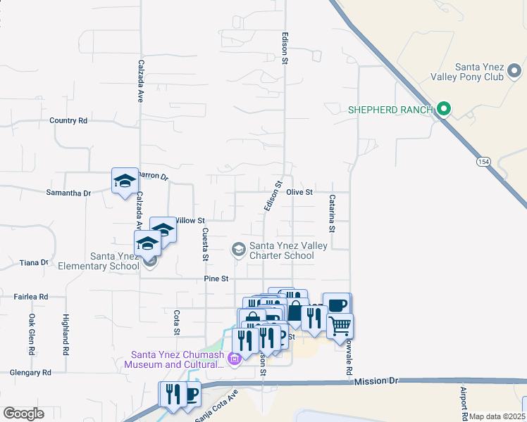 map of restaurants, bars, coffee shops, grocery stores, and more near 1299 Edison Street in Santa Ynez